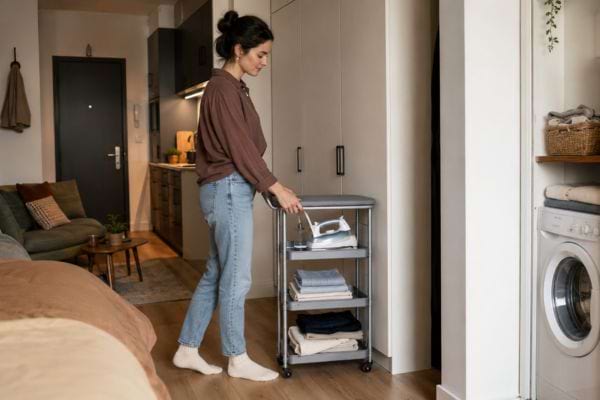 Femme rangeant sa station de repassage mobile dans un petit appartement.