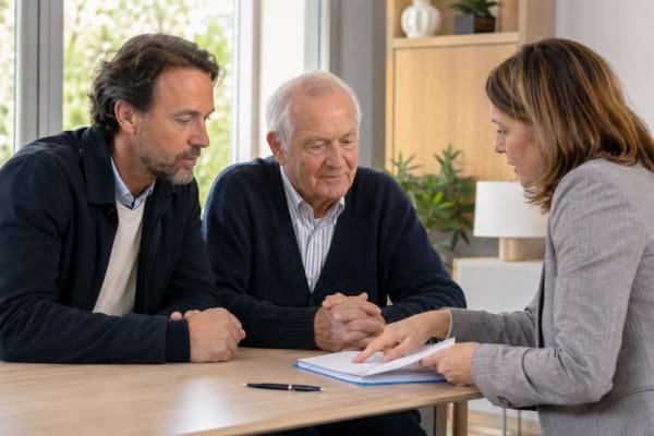 P&egrave;re &acirc;g&eacute; et fils examinant un contrat d&rsquo;admission en EHPAD avec une employ&eacute;e.