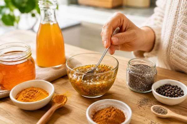 Préparation d’un remède au curcuma, miel, vinaigre de cidre et graines de chia