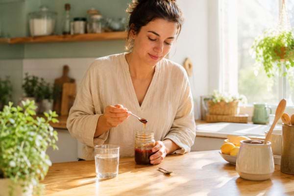 Femme prenant une cuillère de remède maison au miel dans une cuisine