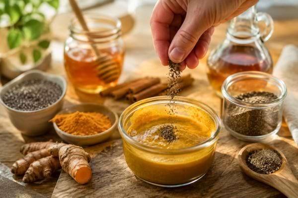 Graines de chia ajoutées dans un remède au curcuma fait maison
