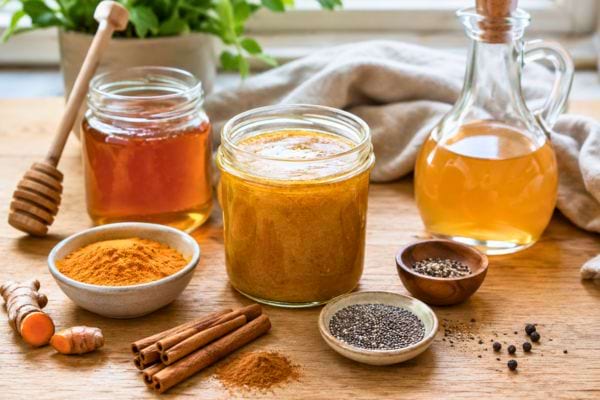 Bocal de remède au curcuma avec miel, cannelle et vinaigre de cidre
