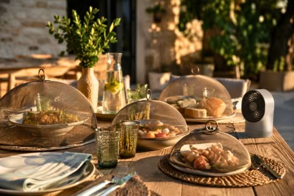 Des cloches alimentaires en grillage fin prot&egrave;gent des plats app&eacute;tissants