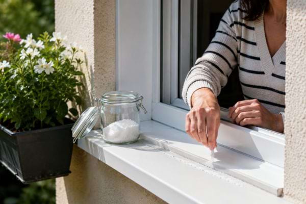 Fen&ecirc;tre ouverte en &eacute;t&eacute; avec gros sel sur le rebord, caf&eacute; et jardin ensoleill&eacute;.
