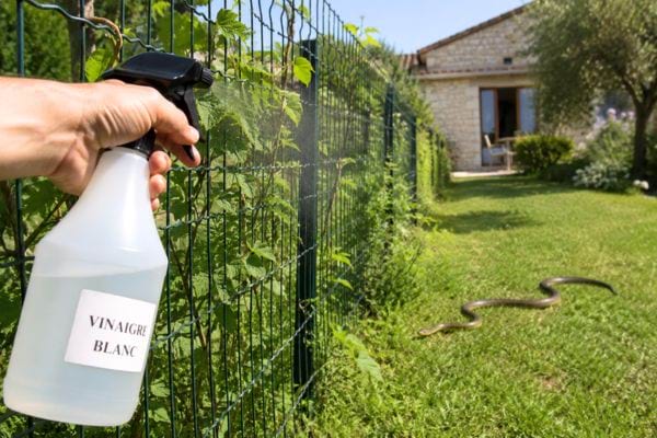 spray de vinaigre blanc anti-serpents dans le jardin