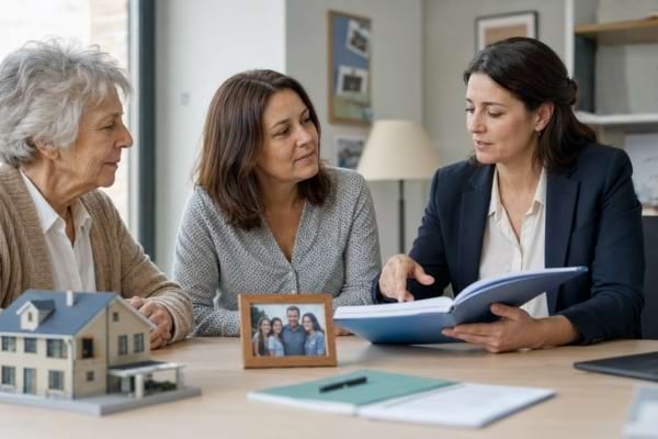 Femme &acirc;g&eacute;e et sa fille &eacute;changeant avec une assistante sociale au sujet d&rsquo;une aide financi&egrave;re.
