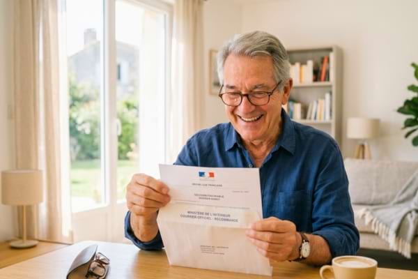 un homme d'une soixantaine d'années ouvrant un courrier officiel