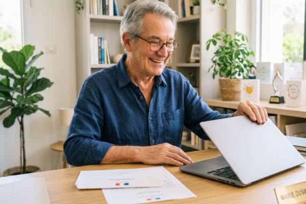 'une femme senior élégante et active, fermant son ordinateur portable avec un sourire