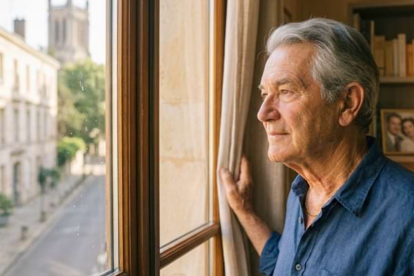 une personne âgée regardant paisiblement par la fenêtre d'un appartement chaleureux