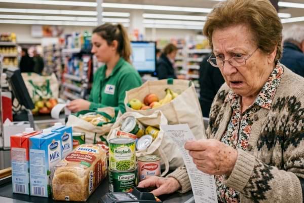 une femme &acirc;g&eacute;e &agrave; la caisse d'un supermarch&eacute;, regardant son ticket de caisse avec une expression de surprise