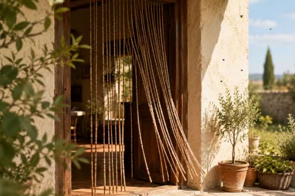 Porte d’entrée avec rideau de perles en bois sur une façade rustique d’été