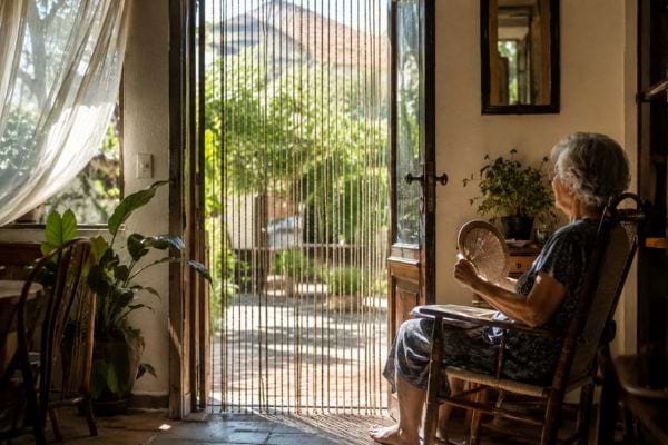 Rideau de perles extérieur sur une porte avec une grand-mère assise sur sa chaise