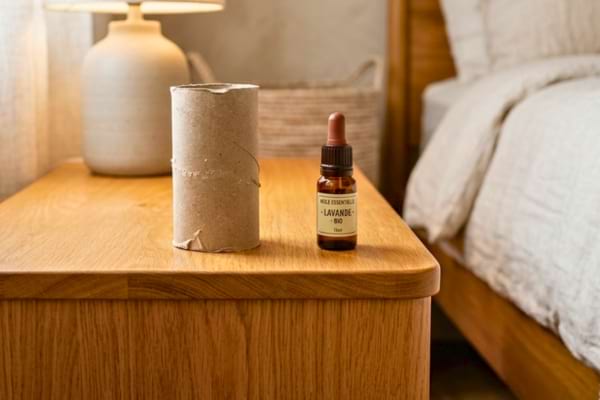 un rouleau de papier toilette en carton brut pos&eacute; sur une &eacute;l&eacute;gante table de nuit 