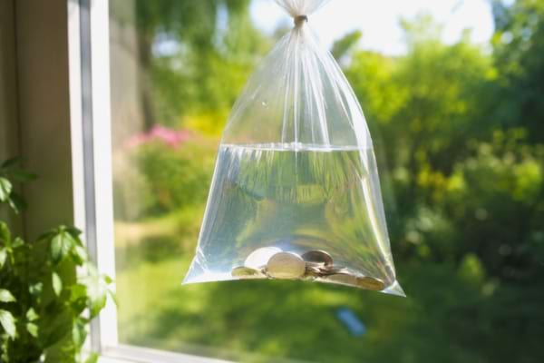 un sac en plastique transparent rempli d'eau avec quelques pi&egrave;ces de monnaie &agrave; l'int&eacute;rieur