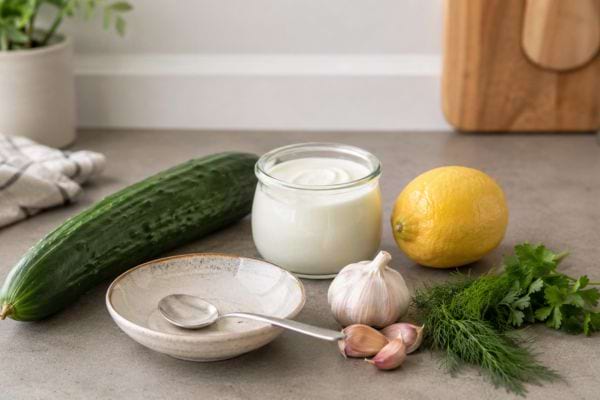 Ingrédients simples pour une salade de concombre au yaourt économique.