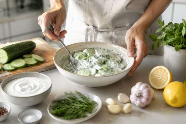 une personne avec un tablier prépare une salade de concombre avec yaourt ail citron herbes