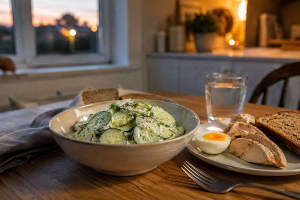 Salade de concombre équilibrée avec oeuf et poulet
