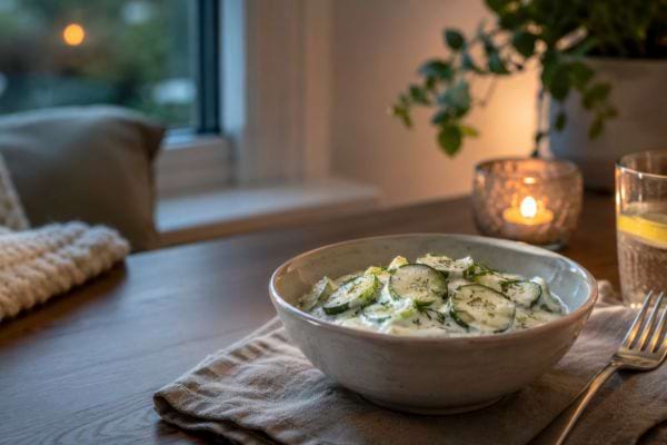 Bol de salade de concombre au yaourt dans une ambiance calme et chaleureuse.
