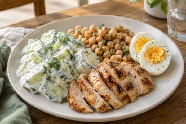 Assiette légère avec salade de concombre, poulet, œuf dur et pois chiches.
