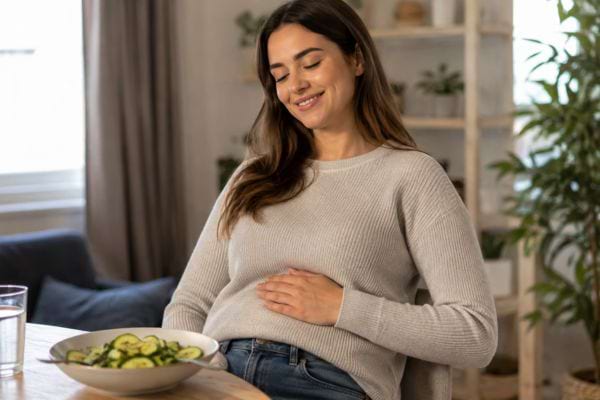 une femme souriante une main sur le ventre devant une assiette de salade de concombre