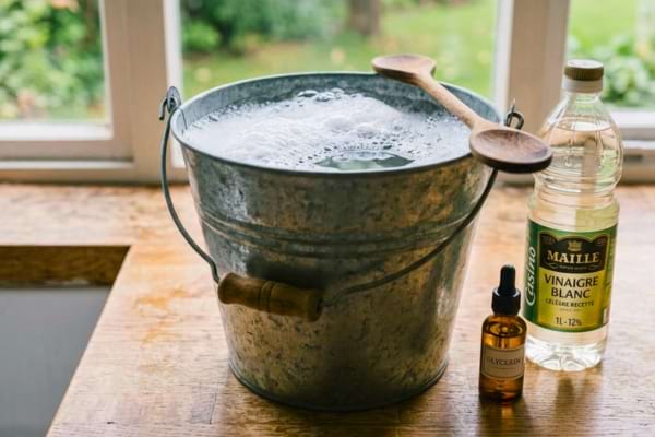 a bottle of white household vinegar, and a small amber glass bottle of glycerin