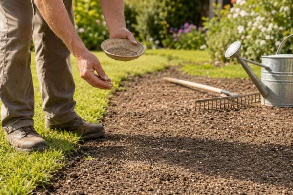 Un jardinier s&egrave;me du tr&egrave;fle blanc nain sur un sol pr&eacute;par&eacute;, pr&egrave;s d&rsquo;un r&acirc;teau et d&rsquo;un arrosoir.