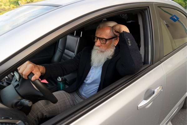 un homme âgé avec une longue barbe au volant d'une voiture