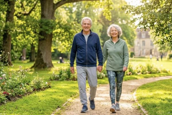 un couple de seniors souriants marchant dans un parc verdoyant et ensoleillé