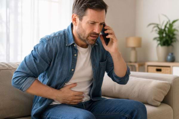 Homme inquiet au téléphone avec une douleur au ventre sur son canapé