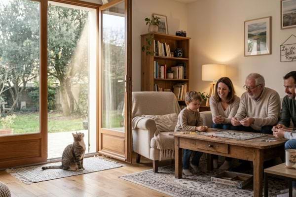 famille qui vit dans une maison gard&eacute;e par un ange gardien