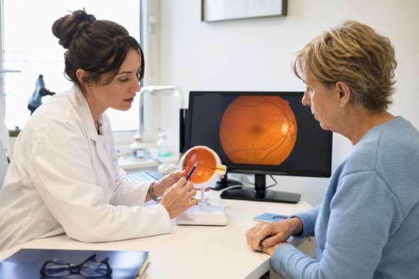 Ophtalmologue expliquant la r&eacute;tine &agrave; une patiente apr&egrave;s des sympt&ocirc;mes d&rsquo;AVC de l&rsquo;&oelig;il.