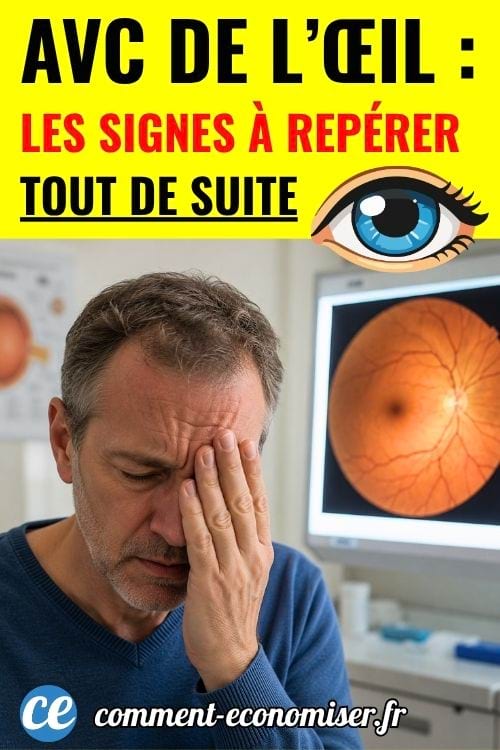Homme se tenant l&rsquo;&oelig;il devant une image de r&eacute;tine, illustrant les signes d&rsquo;un AVC de l&rsquo;&oelig;il.
