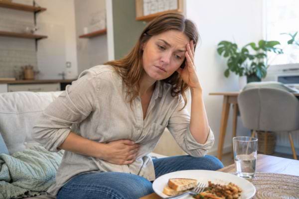 Femme assise, la main sur le ventre, souffrant de fatigue et d’inconfort digestif.
