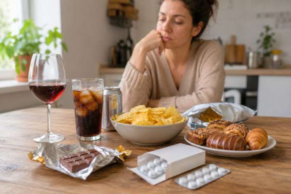 Femme devant de l’alcool, des sodas et des aliments gras, habitudes pouvant fatiguer le foie.