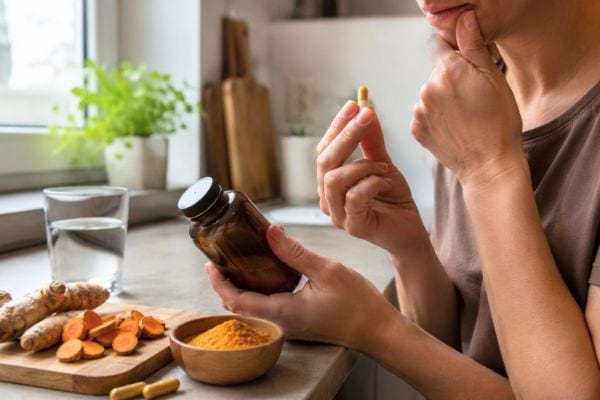 Femme tenant un complément de curcuma, avec prudence pour préserver la santé du foie.