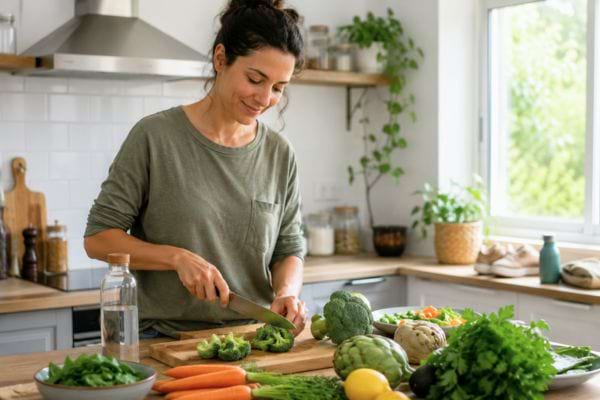 Femme préparant des légumes frais dans le cadre d’une alimentation bénéfique pour le foie.