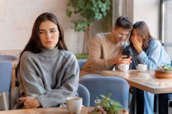 Femme isol&eacute;e pendant que deux amis rient avec un t&eacute;l&eacute;phone
