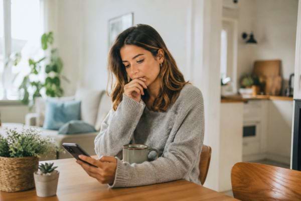 Femme inqui&egrave;te lisant un message sur son t&eacute;l&eacute;phone &agrave; la maison