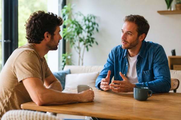 Deux hommes discutant s&eacute;rieusement autour d&rsquo;une table &agrave; la maison