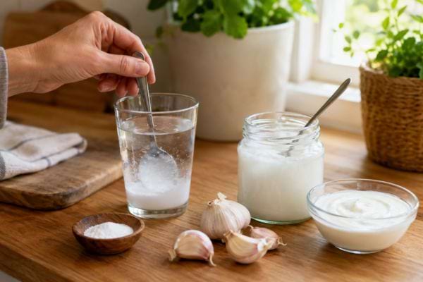 Préparation d’une solution maison avec du bicarbonate, du yaourt et de l’ail.