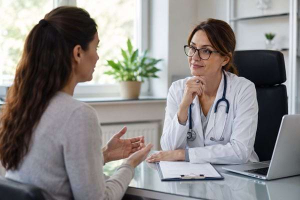 Patiente consultant une médecin pour diagnostiquer et traiter un muguet buccal.