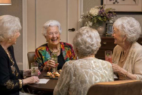 4 femmes âgées autour d'une table buvant un verre d'alcool