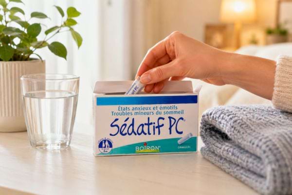 Sédatif PC près d’un verre d’eau dans une chambre lumineuse