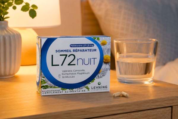 Boîte L72 Nuit posée près du lit avec verre d’eau