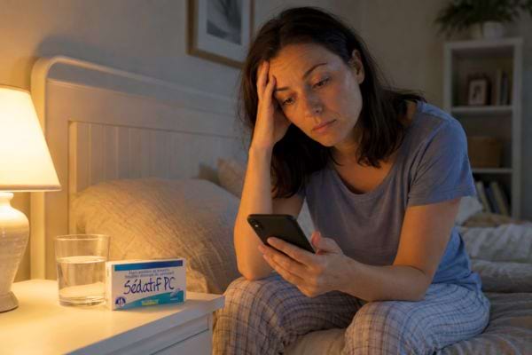 Femme insomniaque regardant son téléphone au lit la nuit
