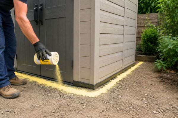 jardinier qui saupoudre du soufre autour d'une cabane de jardin