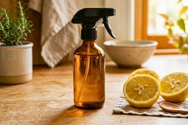 un vaporisateur en verre ambr&eacute; et des moiti&eacute;s de citron frais