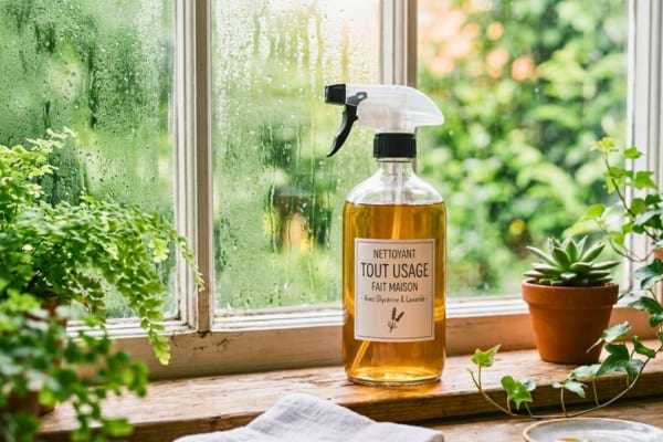 A clear glass spray bottle filled with homemade cleaning solution