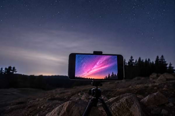 Un t&eacute;l&eacute;phone sur tr&eacute;pied objectif vers le ciel