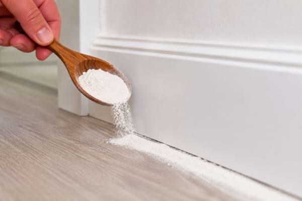 petite cuill&egrave;re en bois versant une fine poudre blanche (terre de diatom&eacute;e) le long d'une plinthe